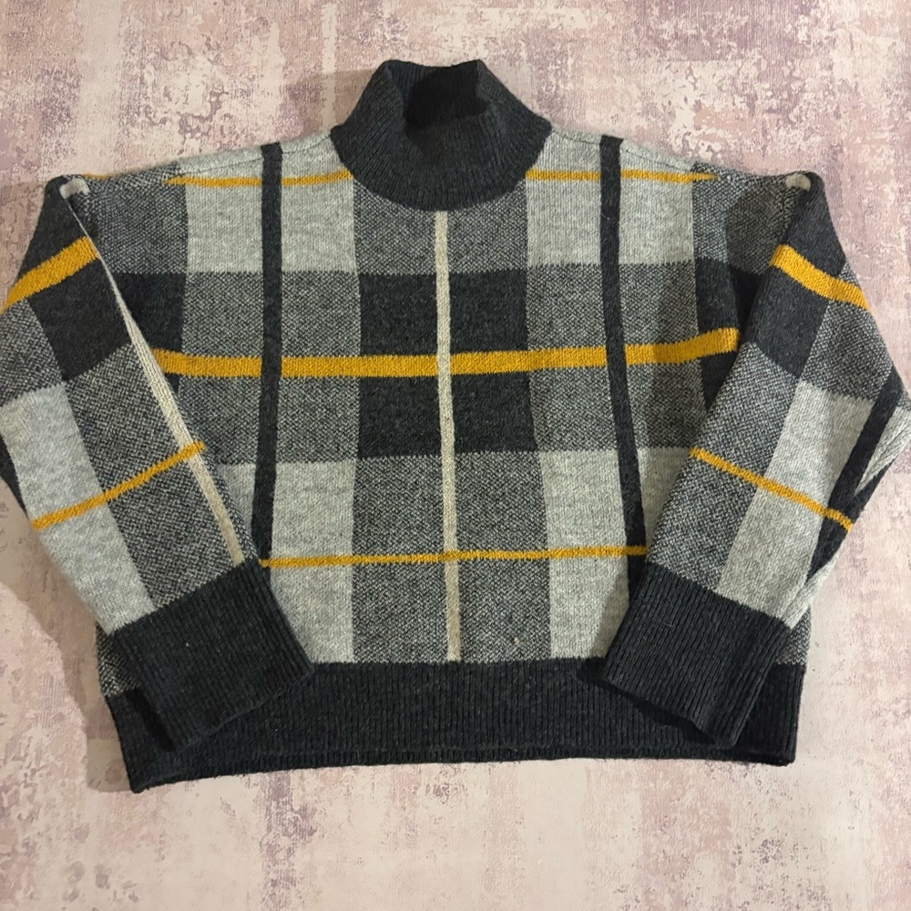 Marled Reunited Clothing Plaid Mock Neck Knit Sweater Cropped Gray Yellow Large